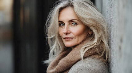 Fototapeta premium Mature woman with long silver hair poses confidently against a wall in an urban setting during golden hour