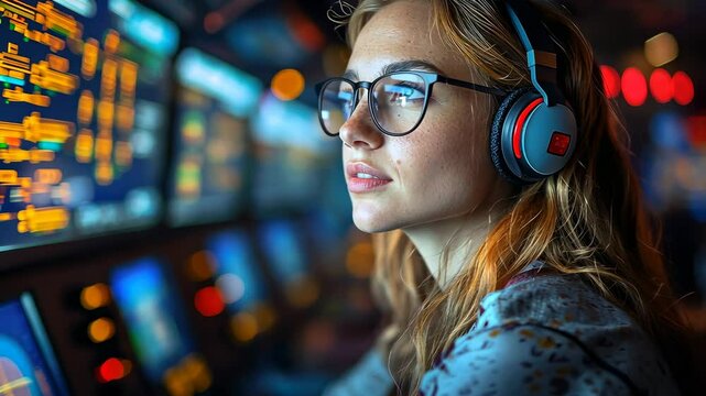 smiling young female air traffic controller working in control tower at airport, woman working, girl, flight control, airplane, control panel, professional, job, worker, screens, technology, operator