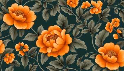 Richly detailed floral wallpaper with warm marigold flowers, olive-green foliage, and fine copper embellishments on a deep teal base.
