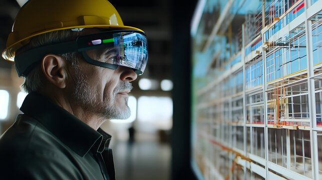 Older construction worker wearing safety helmet, focused on digital blueprints in a high-tech workspace, enhancing project efficiency.