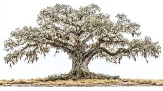 A high-resolution photograph captures a majestic ancient live oak tree, its sprawling branches adorned with Spanish moss, set against a white background