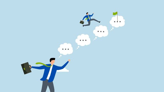 feedback to motivate to success, 4k animation of businessman jump on speech bubble advice to success.