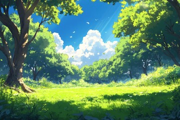 Fototapeta premium Lush green meadow surrounded by vibrant trees under a bright blue sky with fluffy clouds and sunlight streaming down
