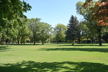 Spacious green park landscape with trees under clear blue sky during daylight