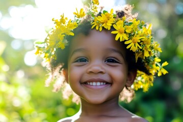 Soft daylight. Happy warm season holidays concept art. Smiling black toddler boy with tt hair wearing yellow flower circlet on his head. Sunshine and flowers for kids. Boy with flower wreath.