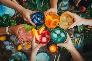 Friends celebrating with colorful cocktails at a vibrant gathering, toasting to good times and shared joy in a tropical setting