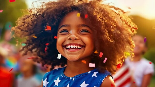 Joyful african child celebrating independence day with flags and confetti Happy 4th of July, Independence Day USA