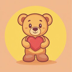 Wedding and relationships Flat Art Style Icon. Cute Brown Teddy Bear Holding Red Heart Illustration