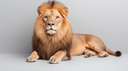 Obraz premium Majestic Male Lion with a Thick Tawny Mane on Light Gray Background