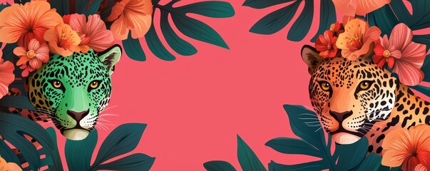 Naklejka premium A bold and expressive jungle-themed pattern featuring fierce electric-green jaguars adorned with floral crowns, surrounded by lush foliage on a vivid magenta background.