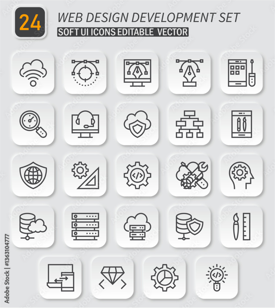 Poster Comprehensive Web Design and Development Soft UI Icons Vector Set Collection