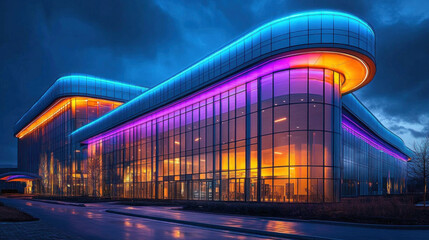 Obraz premium A hospital facade illuminated with LED lighting at night, showcasing a futuristic healthcare design