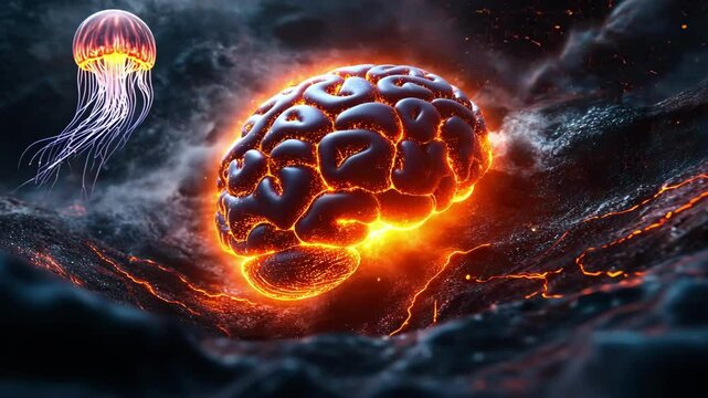 Glowing brain in lava with jellyfish in a cosmic space environment