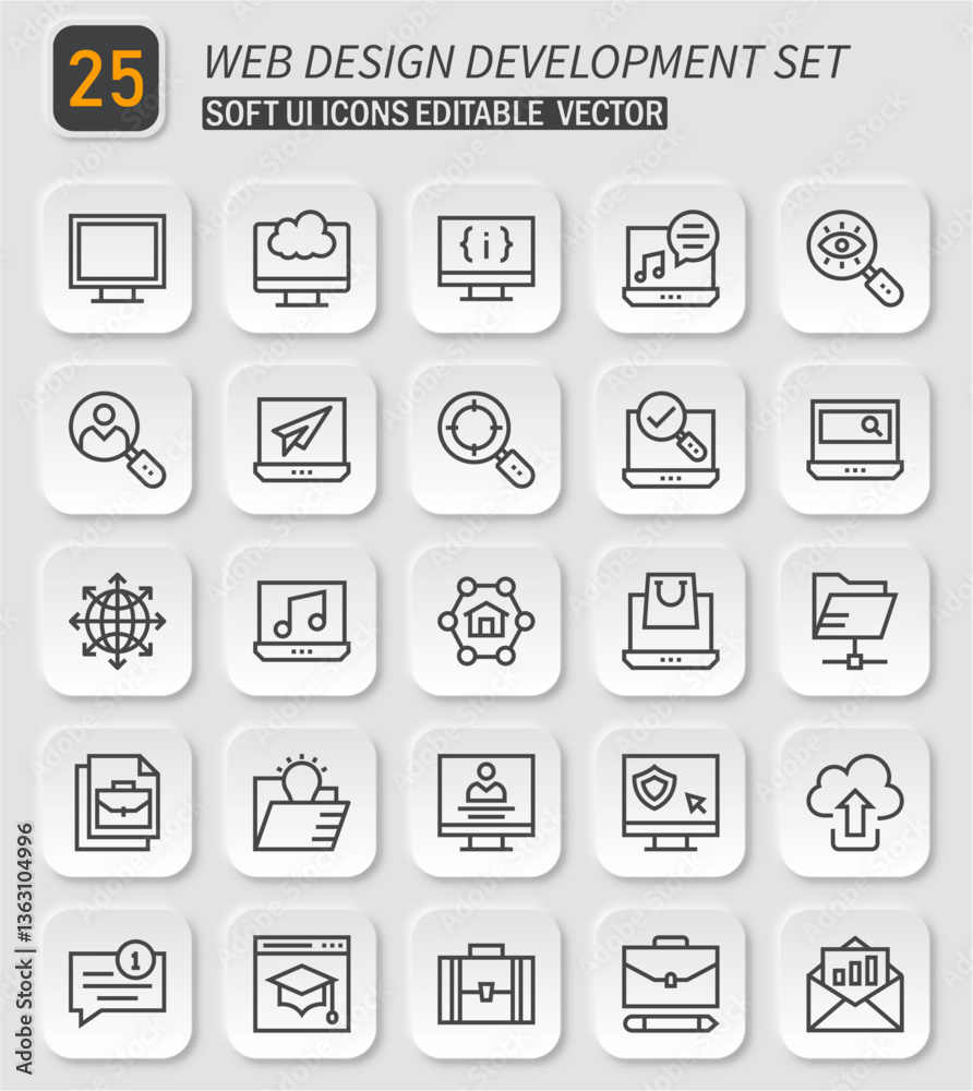 Poster Elegant web design and development icon set for user interface applications