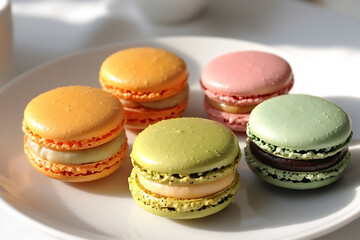 close-up shot of five macarons with vibrant, contrasting colors (orange,