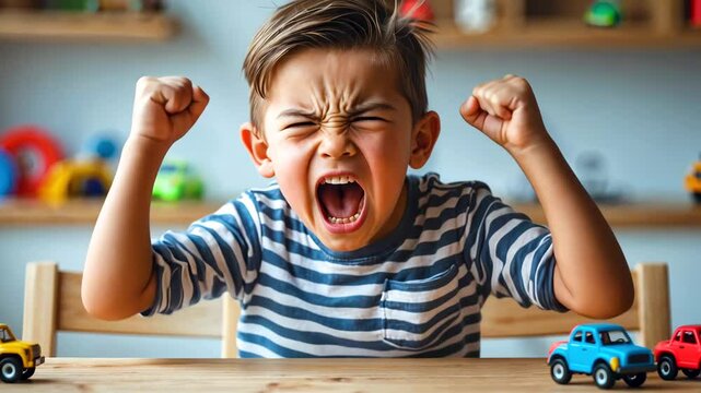 Excited young boy screaming with toy cars on desk at home play area