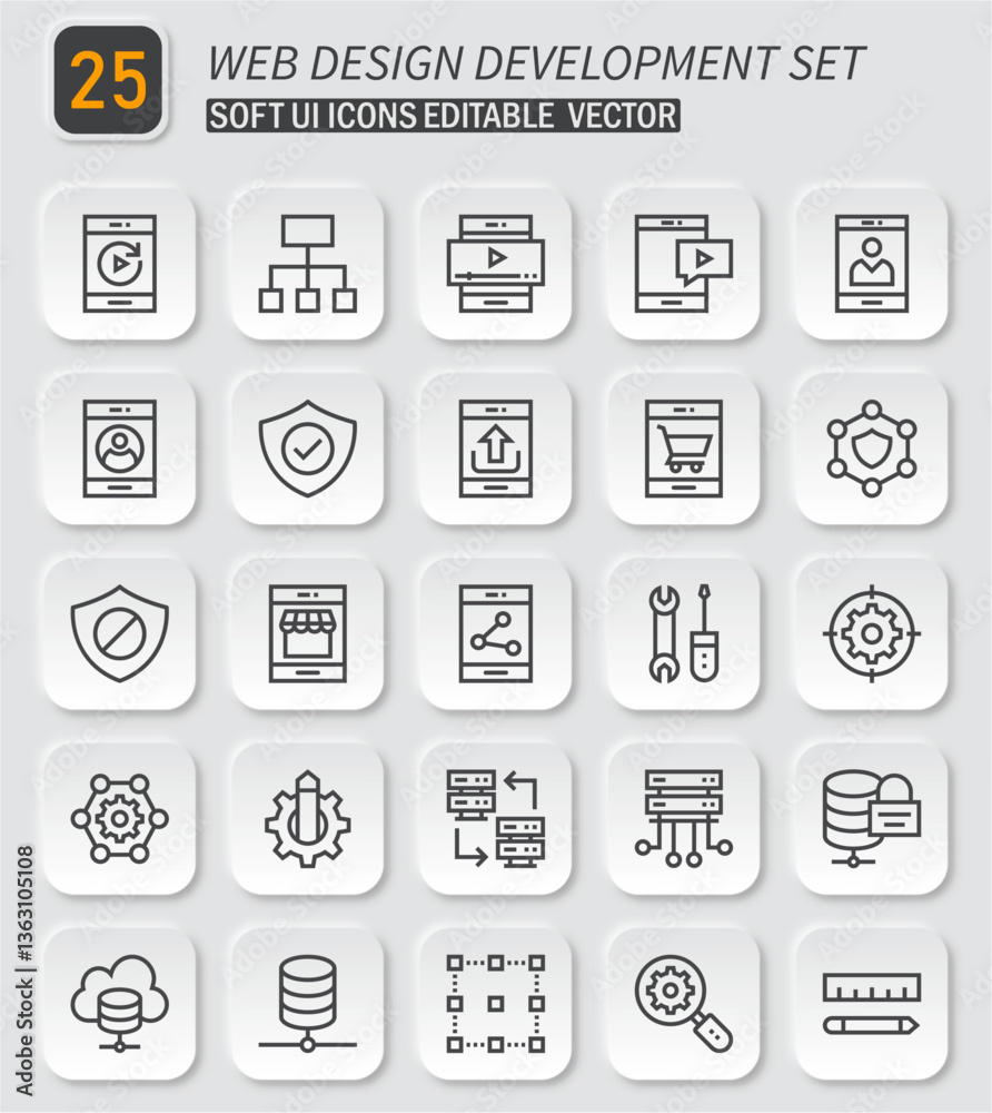 Poster Modern Web Design and Development Icon Set: 25 Soft UI Vector Graphics Collection