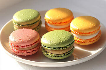 close-up shot of five macarons with vibrant, contrasting colors (orange,