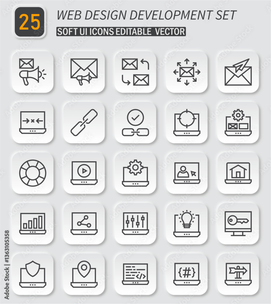 Poster Web Design and Development Icon Set: Streamlined UI Vector Graphics Collection