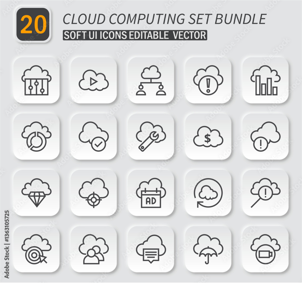 Poster neumorphic cloud computing icon set for interface design and development projects