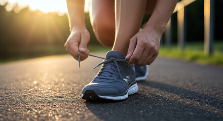 Athletic person tying shoelaces on running shoes outdoors, focused and energetic vibe