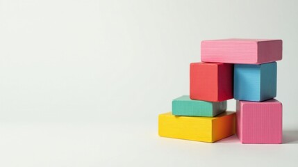 Obraz premium Colorful Wooden Blocks Stacked in an Unstable Formation on a White Surface