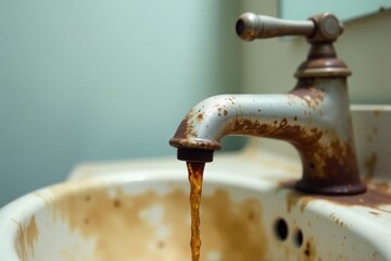 Rusty Faucet Dripping Stained Water into a Dirty Sink