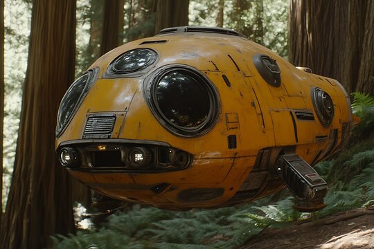 A yellow futuristic vehicle suspended in a lush green forest setting