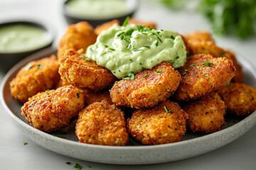 close-up shot of plant-based chicken nuggets with a crispy breadcrumb coat