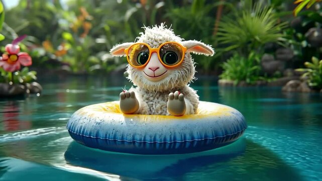 Adorable lamb in sunglasses relaxing on floating tube in tropical paradise. Eid al-Adha Mubarak. Kurban Bayram