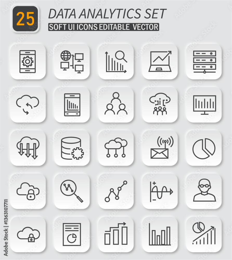 Poster modern data analytics icons collection, soft ui style vector graphic elements