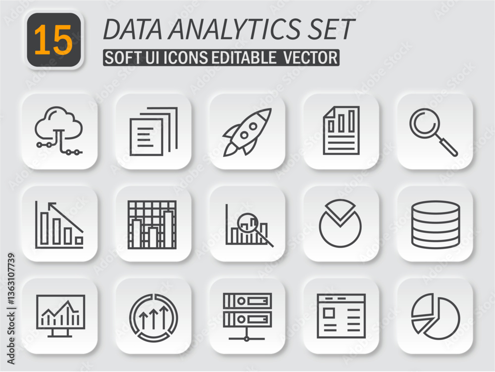Poster streamlined data analytics icon bundle with soft ui design for professional usage
