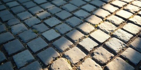 Sunlit Stone Pavement Texture A Detailed Close-Up View of Interlocking Stone Blocks with Subtle Ground Cover
