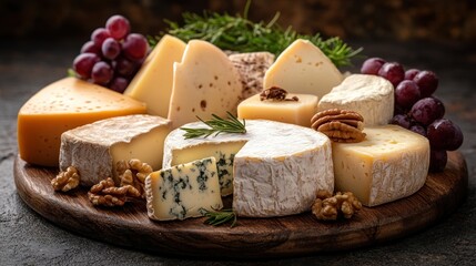 Assorted cheeses and grapes on a wooden board