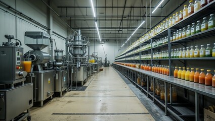 Obraz premium Juice bottling plant showing processing and bottling equipment