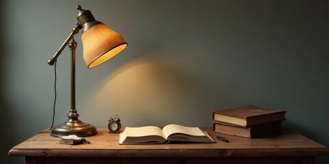 Serene Study Space Illuminated Desk with Antique Lamp, Open Book, and Vintage Alarm Clock