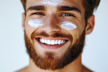Naklejka premium Smiling young man applying skincare treatment while enjoying self-care at home during daylight hours