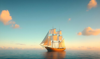 Fototapeta premium Majestic Sailing Ship Glides Gracefully Across Calm Evening Sea
