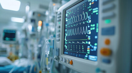 Fototapeta premium A hospital intensive care unit with a blurred background, vital monitors and equipment visible