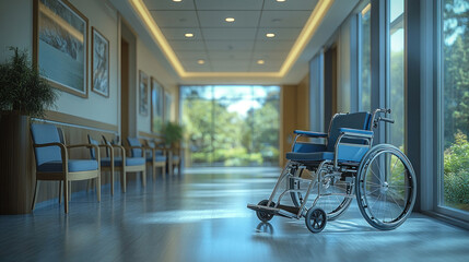 A hospital interior featuring a wheelchair parked near a patient's room, accessibility-focused design