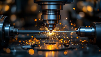 Industrial machine cutting metal rod with sparks and precision