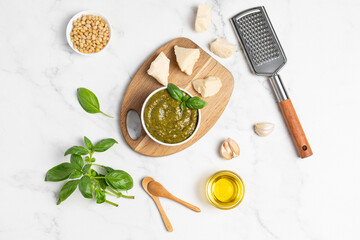 homemade pesto sauce, basil, olive oil, parmesan