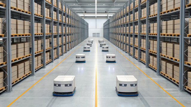 Automated robots efficiently navigate smart ecommerce warehouse, optimizing storage and retrieval processes