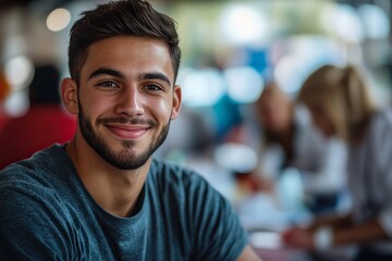 Fototapeta premium A young man portrait smiles with warm eyes and a well-groomed beard. The background is blurred, suggesting he's in a casual setting