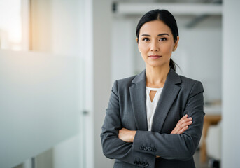 A confident businesswoman with arms crossed, exuding strength and determination in a modern office setting with soft, natural light.