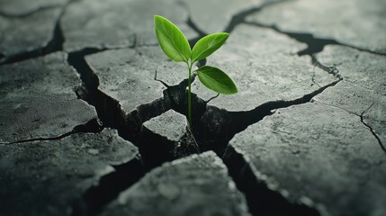Green plant growing through cracked dry soil