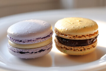 Fototapeta premium close-up shot of two delicate macarons on a white plate,