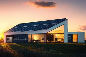 Obraz premium Modern eco-friendly house with solar panels and glass windows at sunset