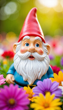 Cheerful garden gnome among vibrant flowers, playful nature concept