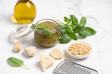 homemade pesto sauce, basil, olive oil, parmesan